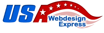Logo of USA Webdesign Express, designed by Sheharyar Siraj, features USA in bold blue letters, a red arch with stars, and the words Webdesign Express in blue on a white and red gradient background.