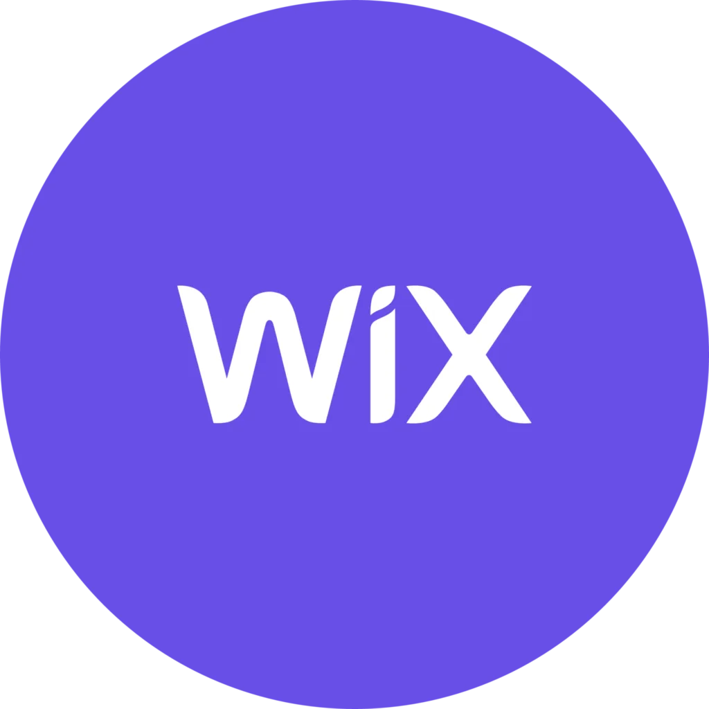The Wix logo, crafted by Sheharyar Siraj, features sleek white text set against a vibrant purple circular background, exuding modern elegance.